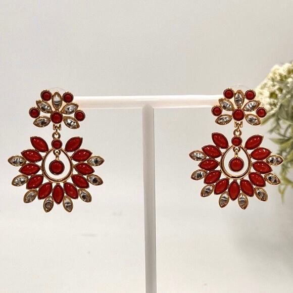 Amrita Singh Red Cabochon and Rhinestone Sunburst Chandelier Earrings - Picture 13 of 15